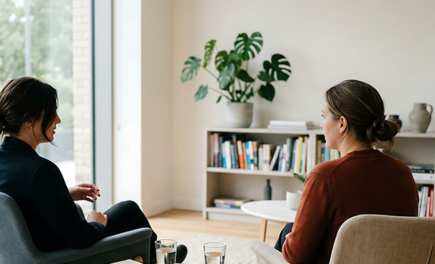 two women sitting in modern chairs engaged in conversation in stylish interior with plants and bookshelves promoting communication skills and personal growth