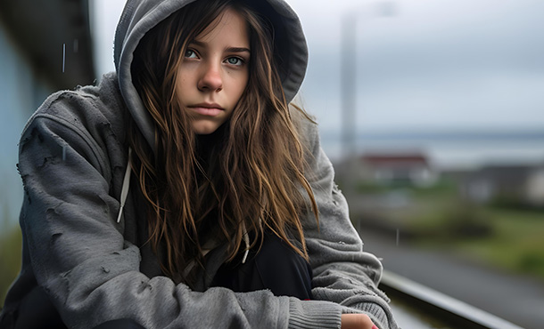 young woman sitting outdoors in a gray hoodie with long hair looking contemplative and serious in overcast weather expressing emotions of struggle and resilience reflecting on life experiences